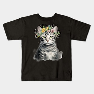 Ocicat Cat Flowers Water Color Cat Mom Mother's Day Gift Kids T-Shirt